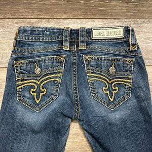 ROCK REVIVAL CALLI SKINNY JEANS SIZE 25 BLUE EMBROIDERED FAUX FLAP POCKETS